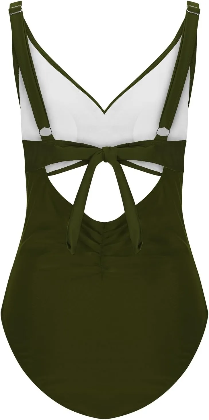 Women's Ruched One Piece Swimsuit Tummy Control Cutout High Waisted Bathing Suit Sexy Backless Tie Back Swimwear