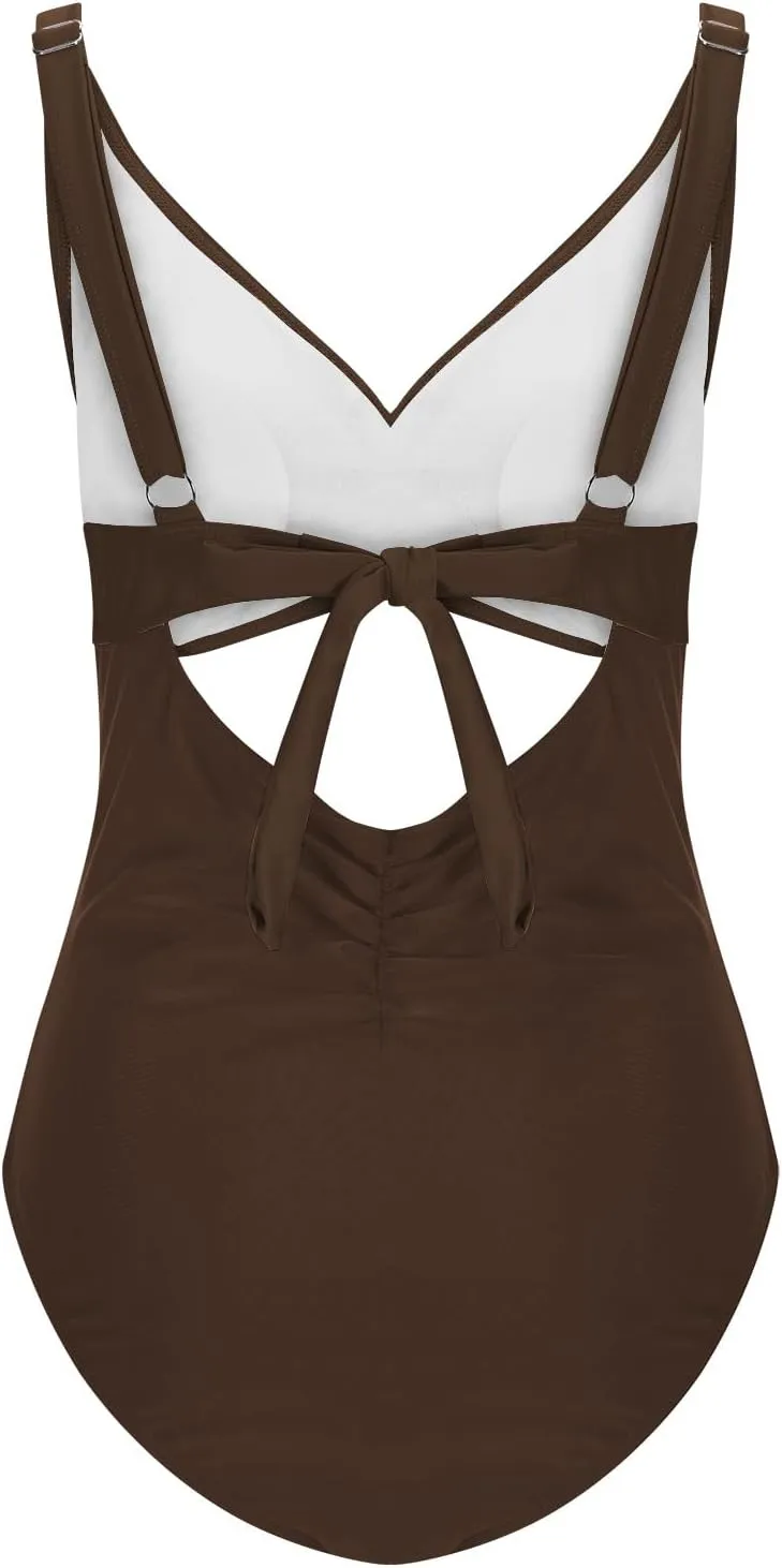 Women's Ruched One Piece Swimsuit Tummy Control Cutout High Waisted Bathing Suit Sexy Backless Tie Back Swimwear