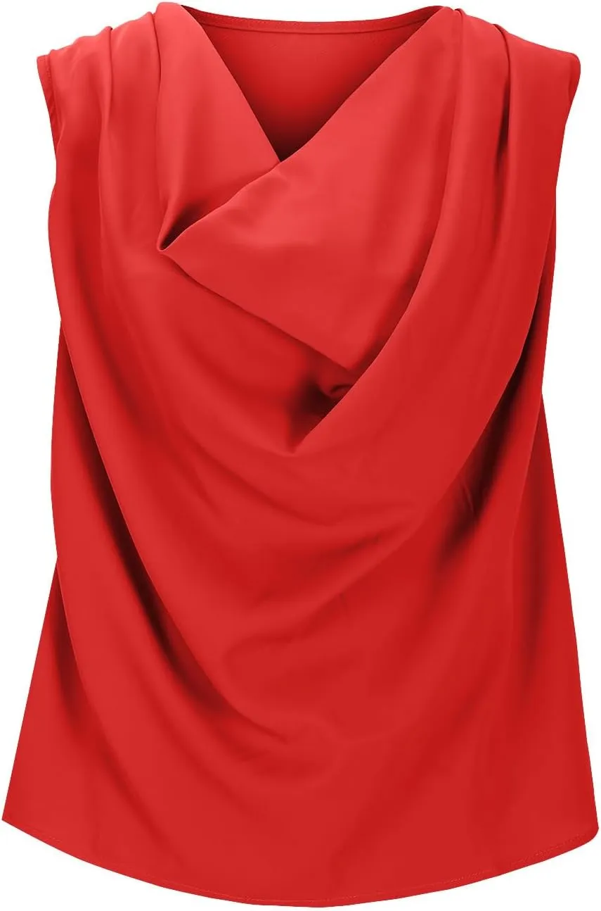 Womens Satin Cowl Neck Tank Tops Fashion Pleated Sleeveless Shirts Summer Trendy Going Out Clothes