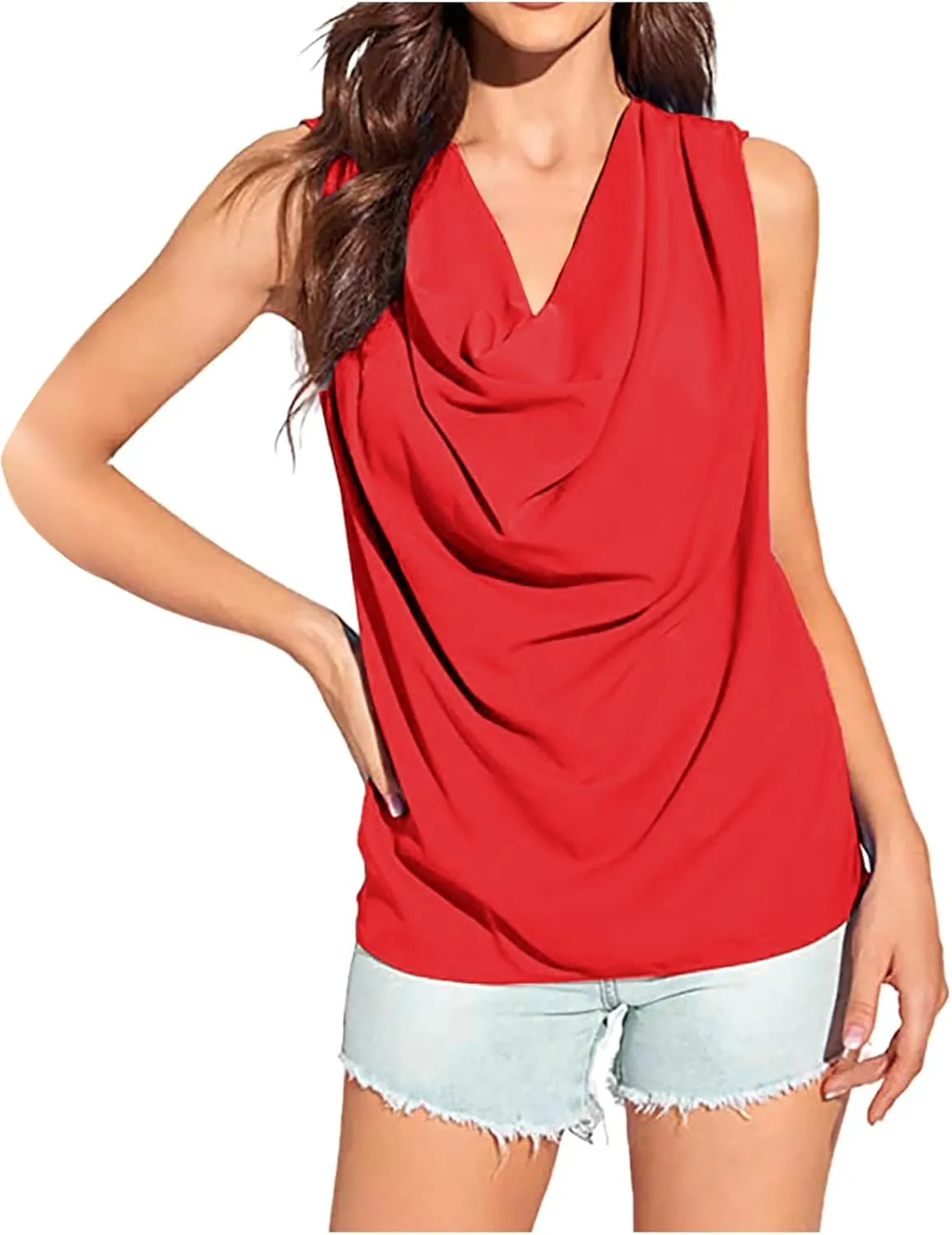 Womens Satin Cowl Neck Tank Tops Fashion Pleated Sleeveless Shirts Summer Trendy Going Out Clothes