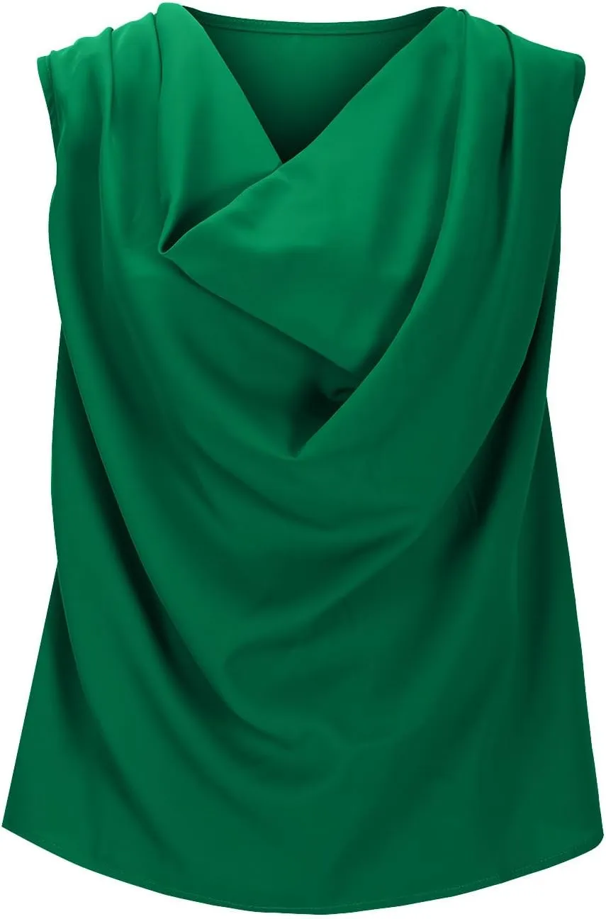Womens Satin Cowl Neck Tank Tops Fashion Pleated Sleeveless Shirts Summer Trendy Going Out Clothes