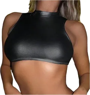 Women's Sexy High Gloss Lingerie Set Sheer Mesh & Shiny PU Leather Lace Up Corset with G String and Stockings for