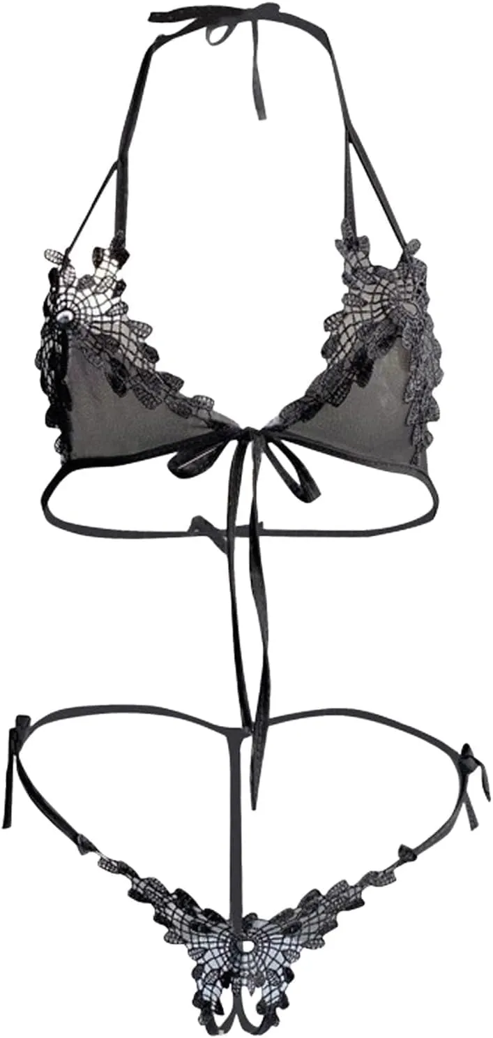 Womens Sexy Lingerie Up Strappy Embroidered Mesh Sheer Lingerie Set See Through Panty Bra Lingerie for Women