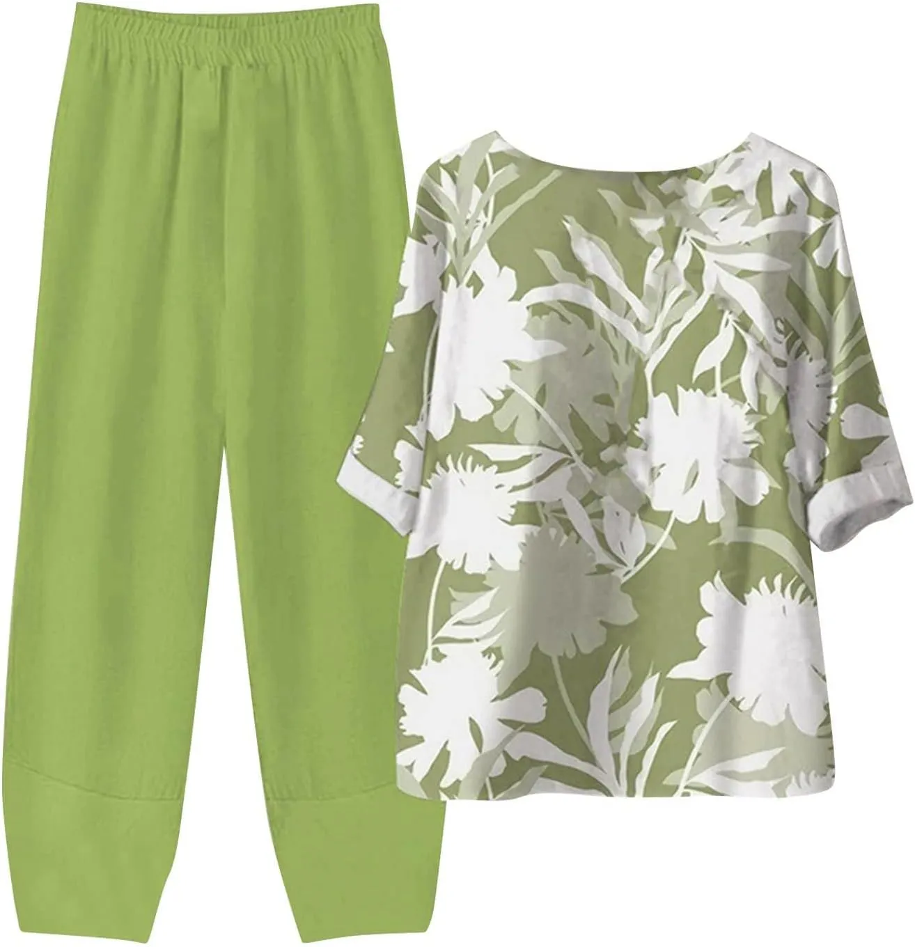 Womens Summer Linen Sets 2 Piece Lounge Sets Half Sleeve T Shirts with Cotton Linen Pants Plus Size Vacation Outfits