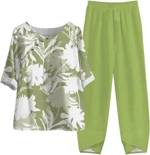 Womens Summer Linen Sets 2 Piece Lounge Sets Half Sleeve T Shirts with Cotton Linen Pants Plus Size Vacation Outfits