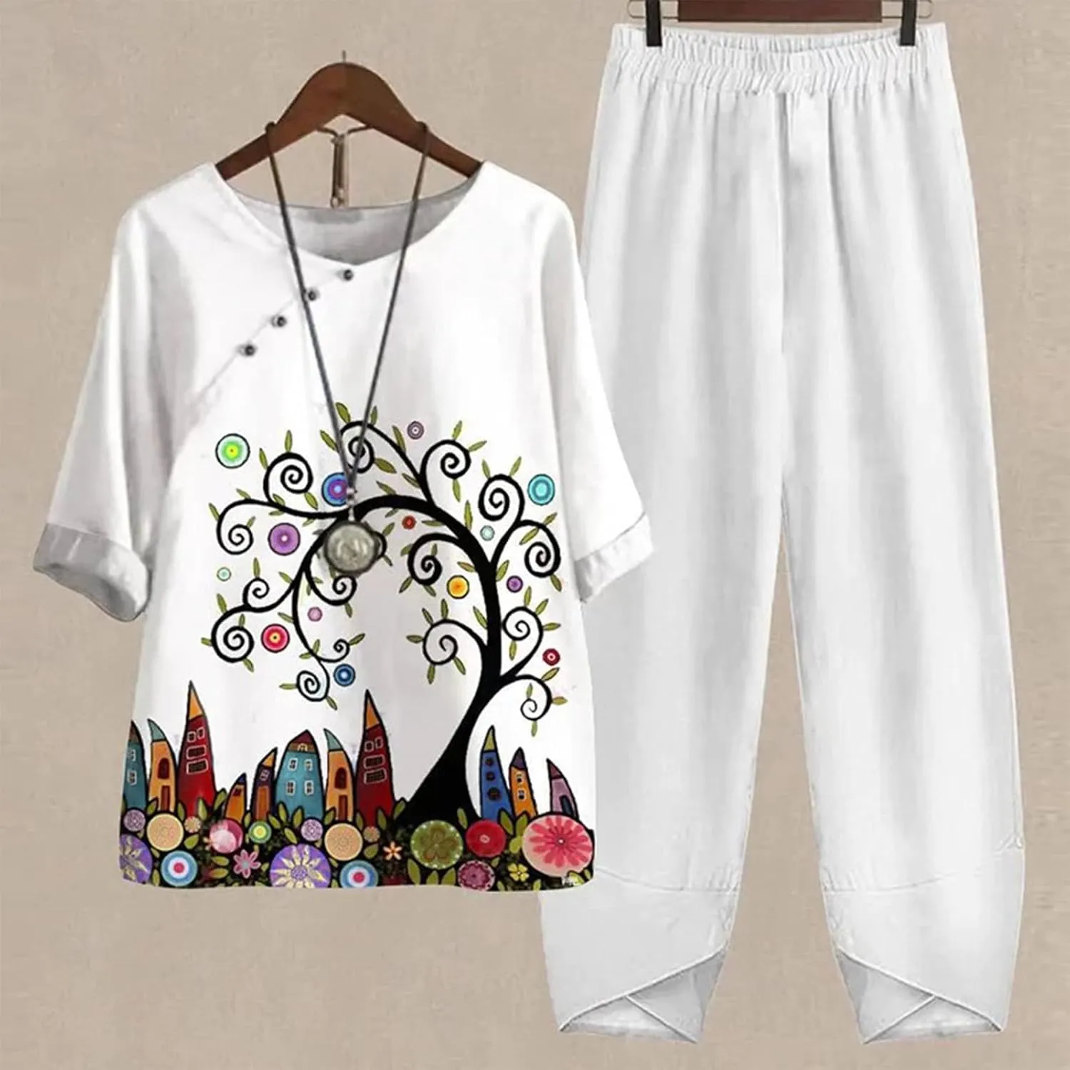 Womens Summer Linen Sets 2 Piece Lounge Sets Half Sleeve T Shirts with Cotton Linen Pants Plus Size Vacation Outfits