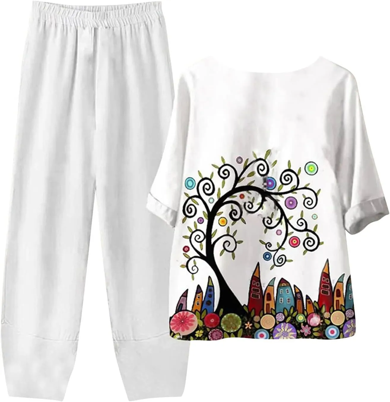 Womens Summer Linen Sets 2 Piece Lounge Sets Half Sleeve T Shirts with Cotton Linen Pants Plus Size Vacation Outfits