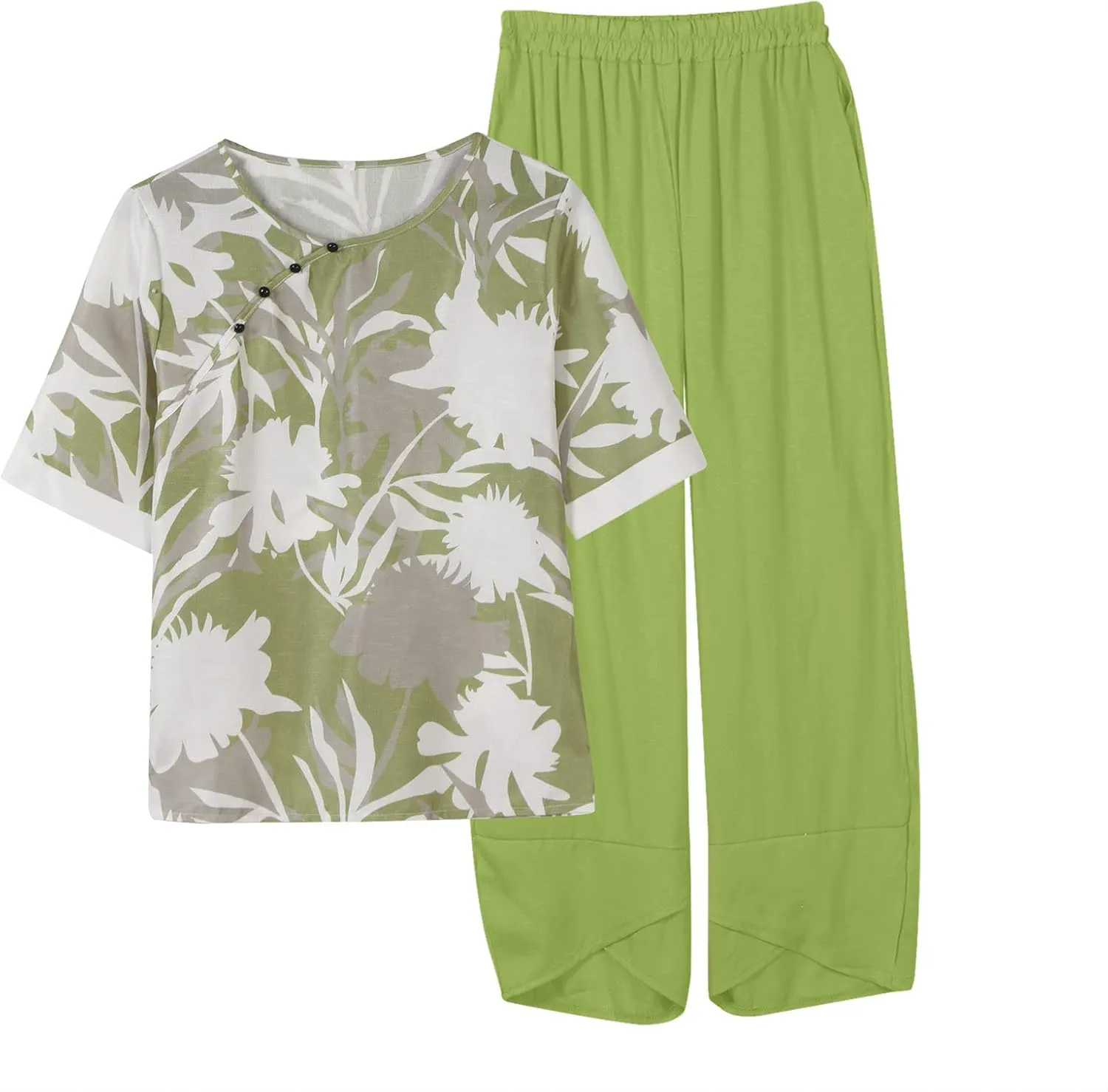 Womens Summer Linen Sets 2 Piece Lounge Sets Half Sleeve T Shirts with Cotton Linen Pants Plus Size Vacation Outfits