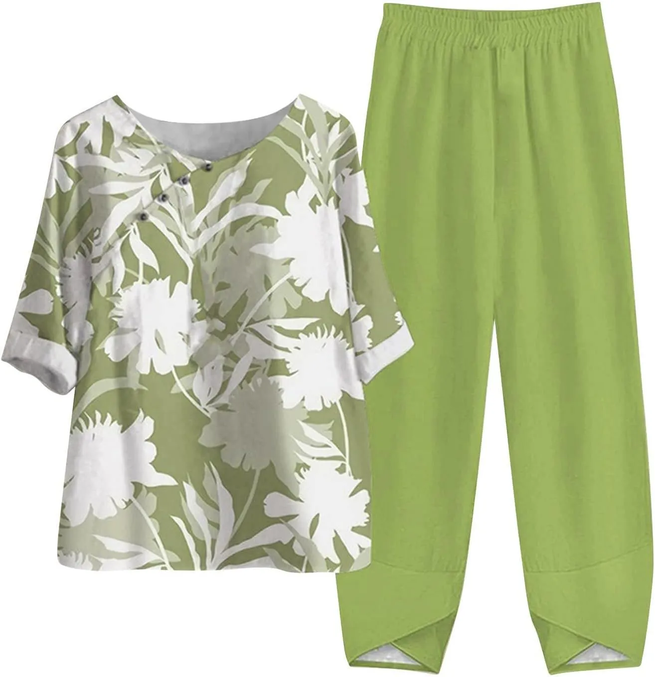 Womens Summer Linen Sets 2 Piece Lounge Sets Half Sleeve T Shirts with Cotton Linen Pants Plus Size Vacation Outfits