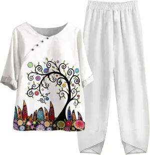 Womens Summer Linen Sets 2 Piece Lounge Sets Half Sleeve T Shirts with Cotton Linen Pants Plus Size Vacation Outfits