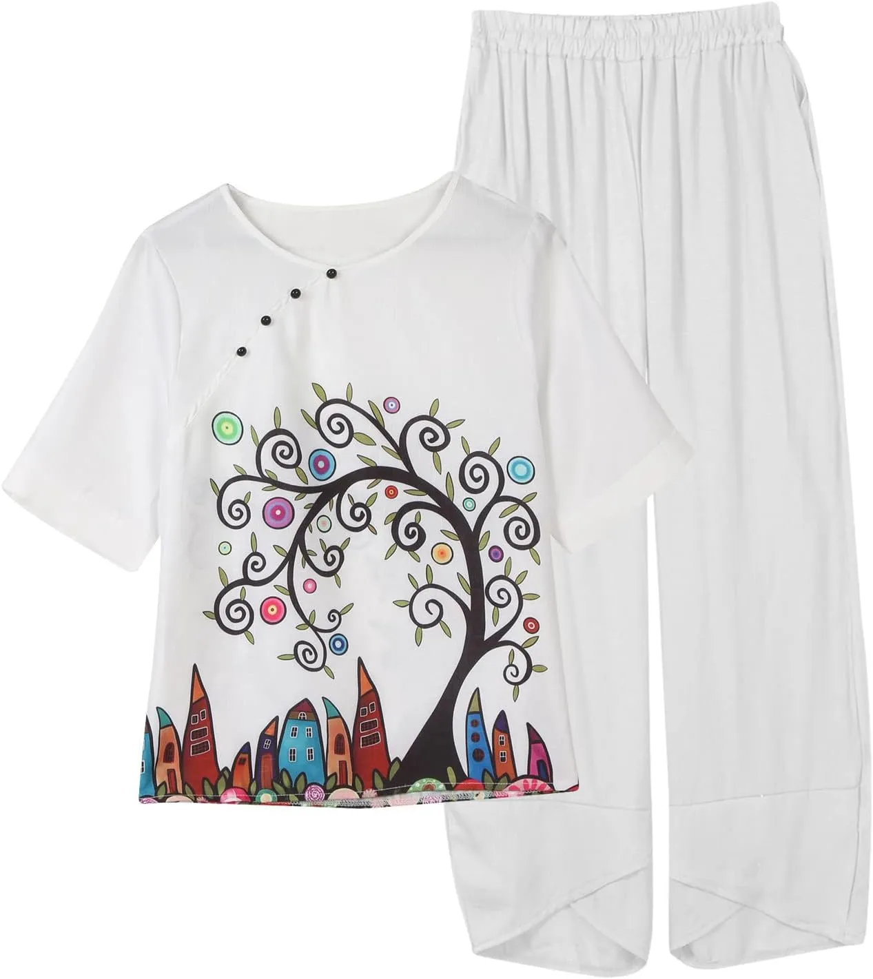 Womens Summer Linen Sets 2 Piece Lounge Sets Half Sleeve T Shirts with Cotton Linen Pants Plus Size Vacation Outfits