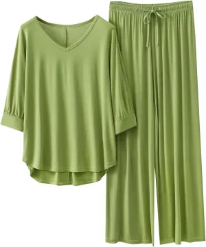 Womens Summer Pajama Sets Soft Pjs Spring Lounge Sets 3/4 Sleeve V Neck Shirts And Wide Leg Pant Sleepwear Nightwear