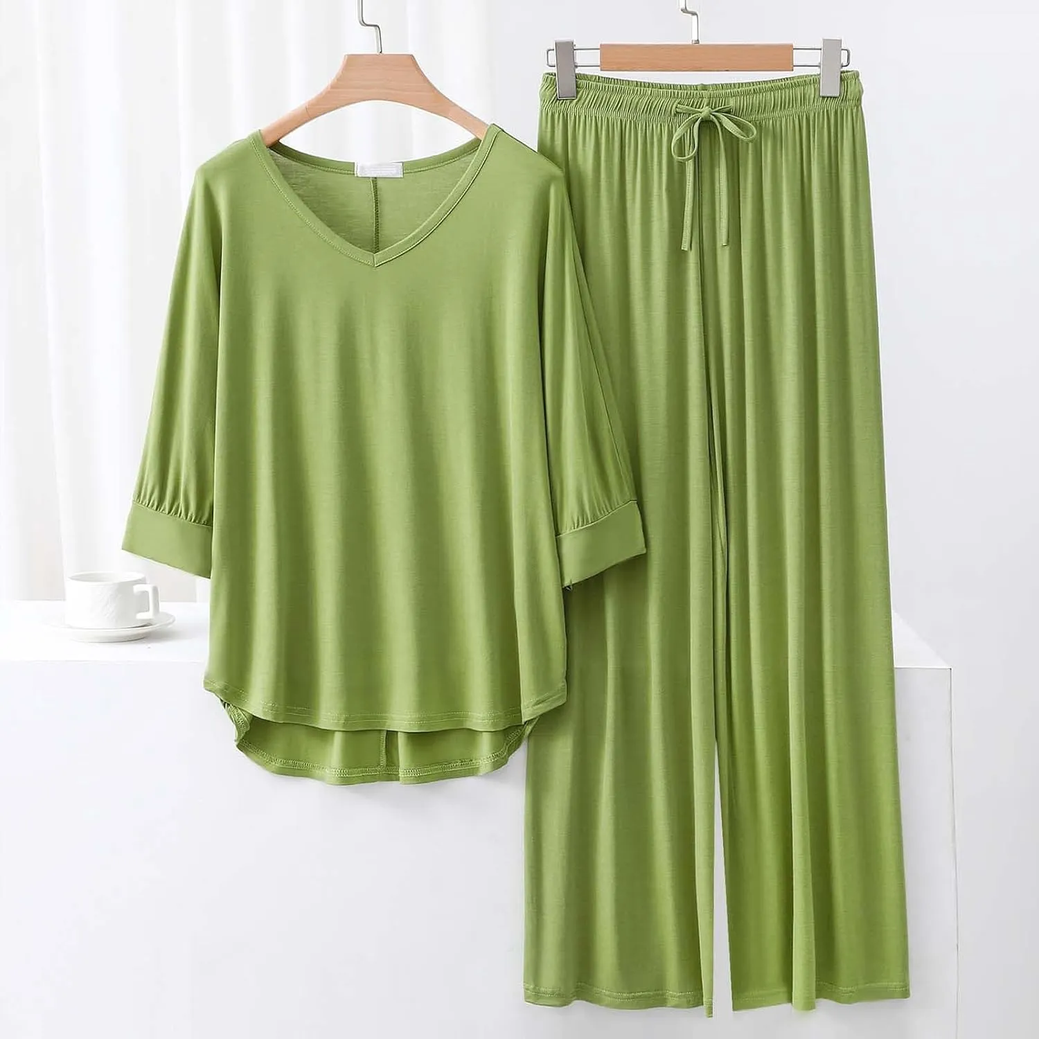 Womens Summer Pajama Sets Soft Pjs Spring Lounge Sets 3/4 Sleeve V Neck Shirts And Wide Leg Pant Sleepwear Nightwear