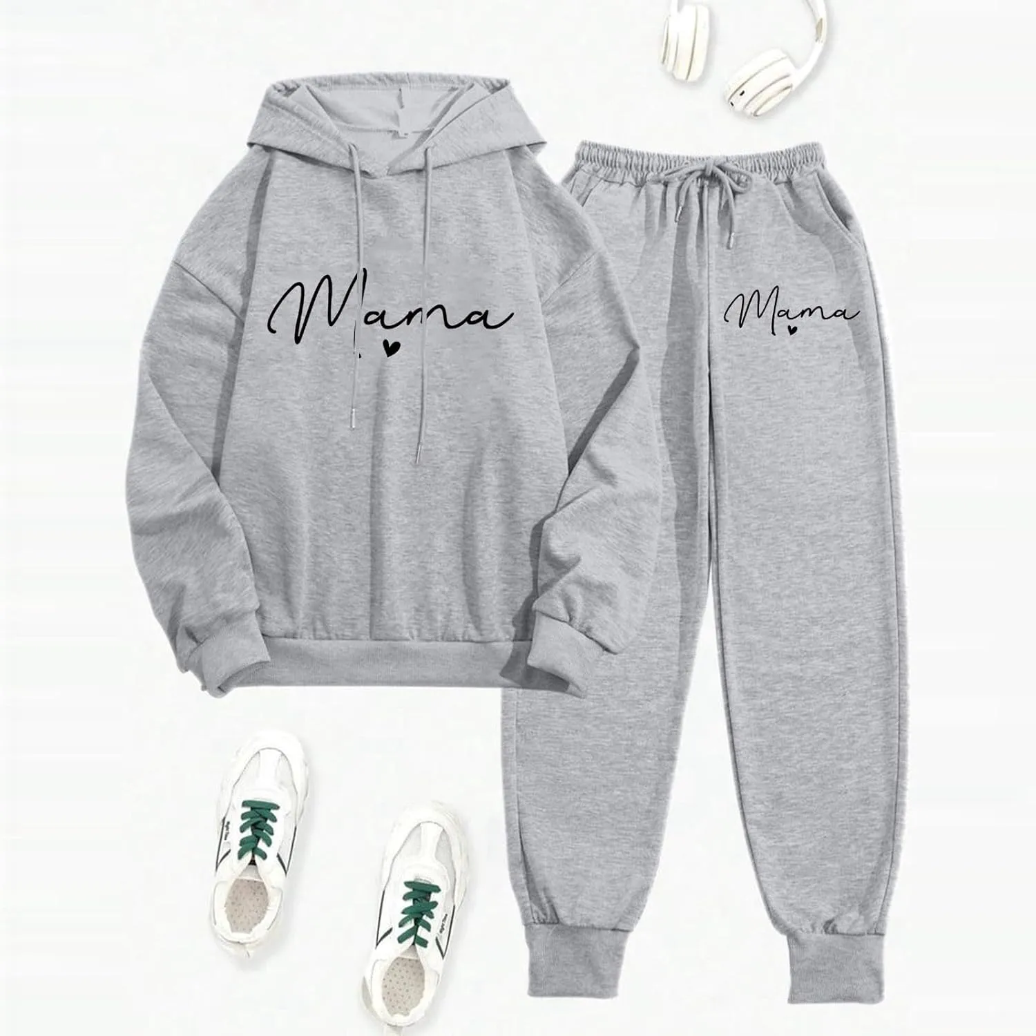 Womens Sweatsuits 2 Piece Lounge Set Mama Heart Print Hooded Sweatshirt Jogger Sweatpants Tracksuit with Pockets