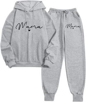 Womens Sweatsuits 2 Piece Lounge Set Mama Heart Print Hooded Sweatshirt Jogger Sweatpants Tracksuit with Pockets