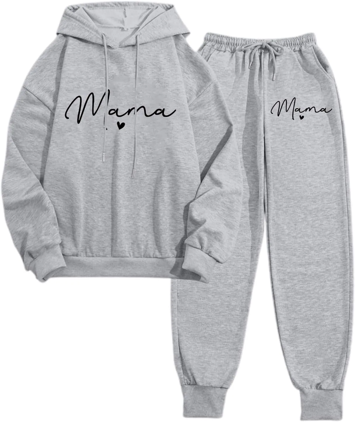 Womens Sweatsuits 2 Piece Lounge Set Mama Heart Print Hooded Sweatshirt Jogger Sweatpants Tracksuit with Pockets