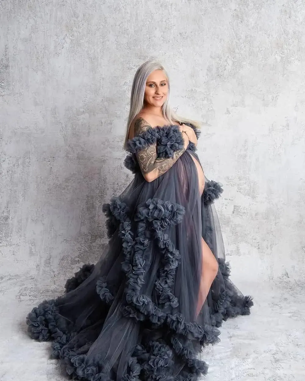 Women's Tulle Robe for Maternity Photoshoot Puffy Ruffles Bridal Lingerie Bathgown Illusion Wedding Scarf