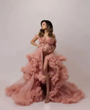 Women's Tulle Robe for Maternity Photoshoot Puffy Ruffles Bridal Lingerie Bathgown Illusion Wedding Scarf