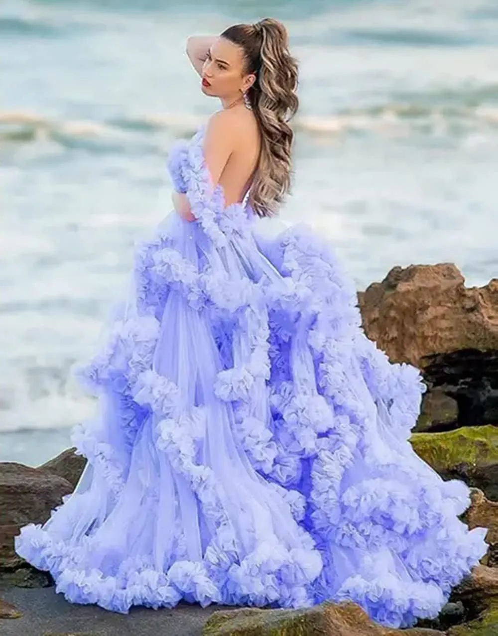 Women's Tulle Robe for Maternity Photoshoot Puffy Ruffles Bridal Lingerie Bathgown Illusion Wedding Scarf