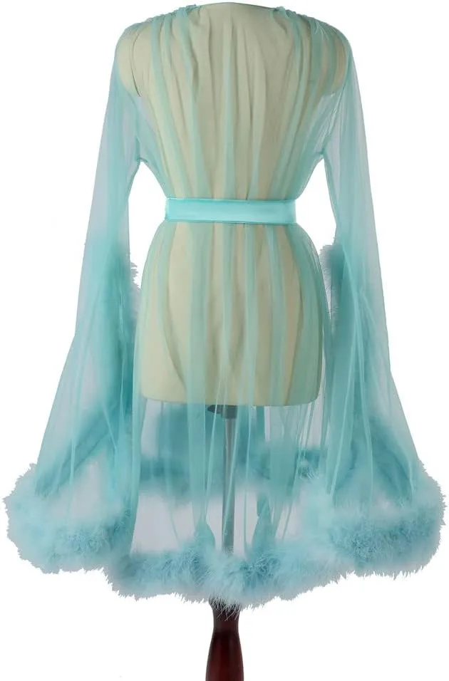 Women's Tulle Robe Shoot Wearing Robe of See-Through Tulle Feather Short Maternity PhotoShoot