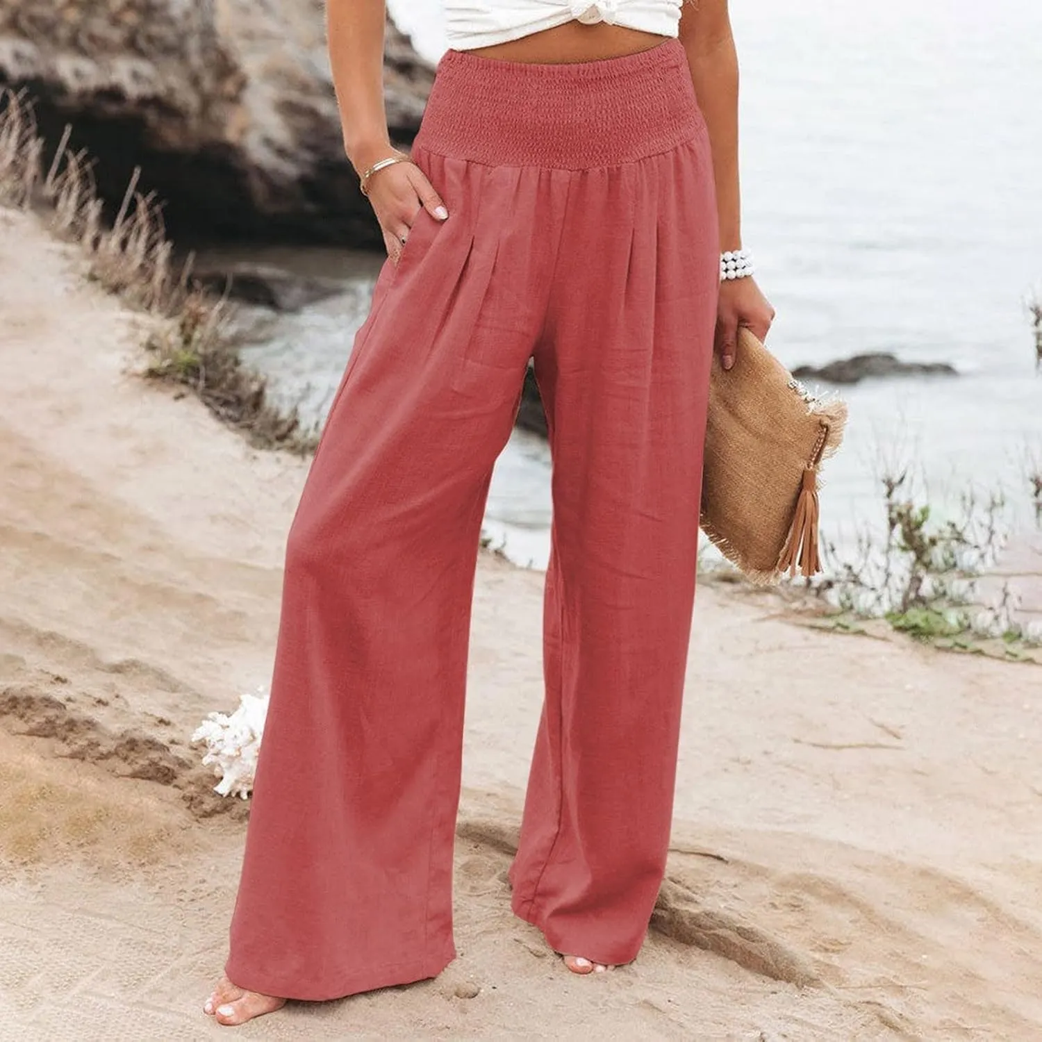 Womens Wide Leg Pants Linen Palazzo Pants Summer Boho Lounge Pant 2025 High Waist Beach Pants with Pocket