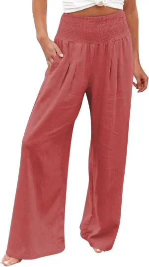 Womens Wide Leg Pants Linen Palazzo Pants Summer Boho Lounge Pant 2025 High Waist Beach Pants with Pocket