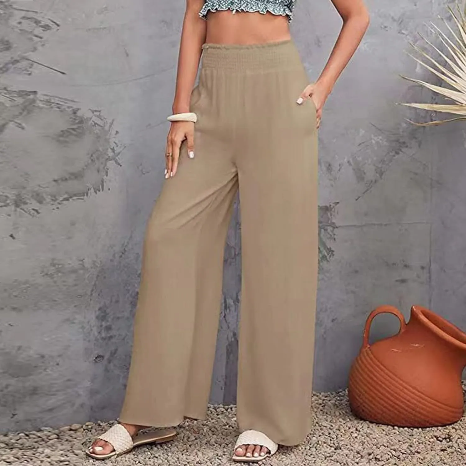 Women's Workout Pants Ladies Pleats High Waisted Straight Pants Wide Leg Pants Women's Casual Loose Trousers