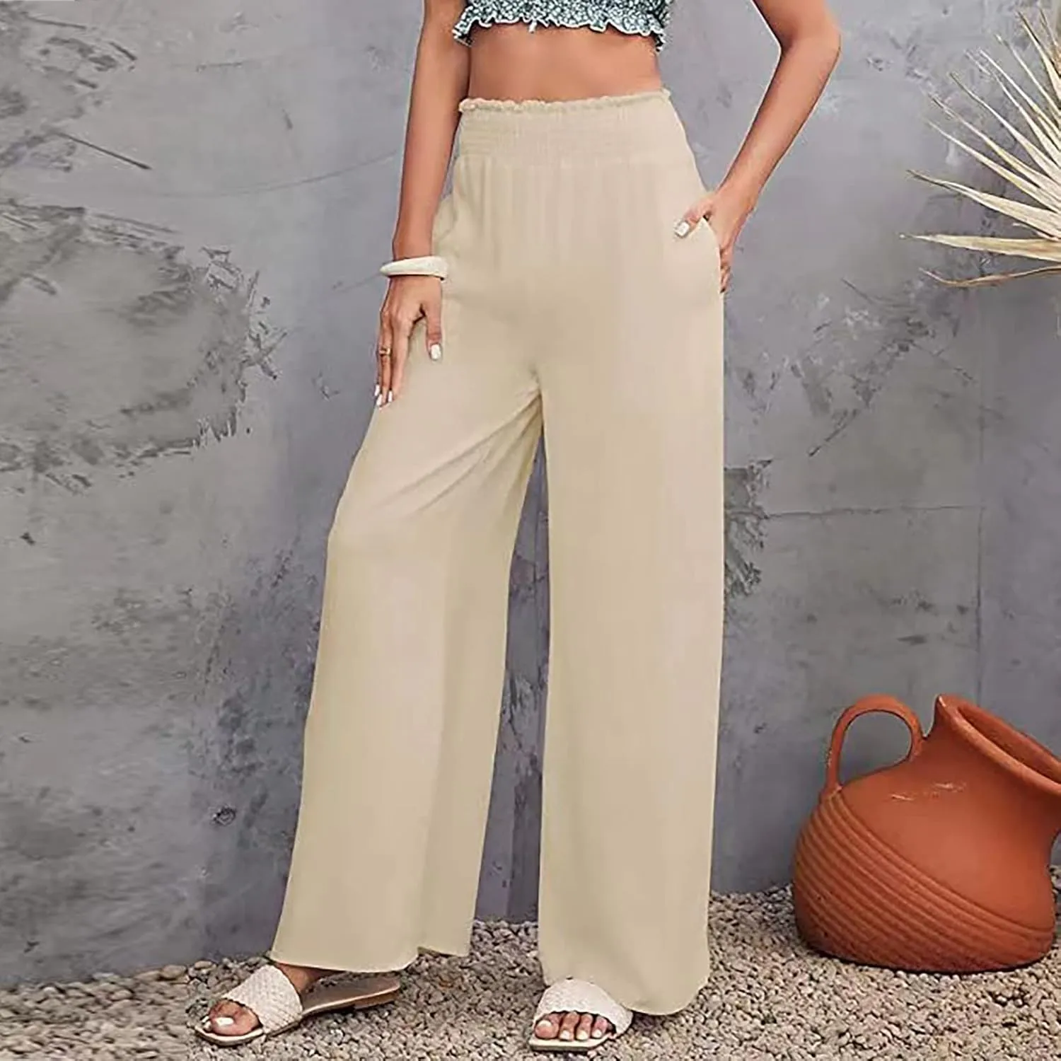 Women's Workout Pants Ladies Pleats High Waisted Straight Pants Wide Leg Pants Women's Casual Loose Trousers