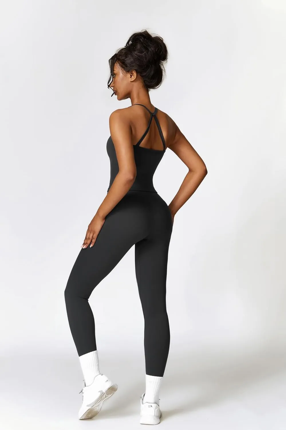Womens Workout Sets Two Piece Cross Back Tank Top Matching High Waist Leggings Sets Gym Outfits Work Out Clothes