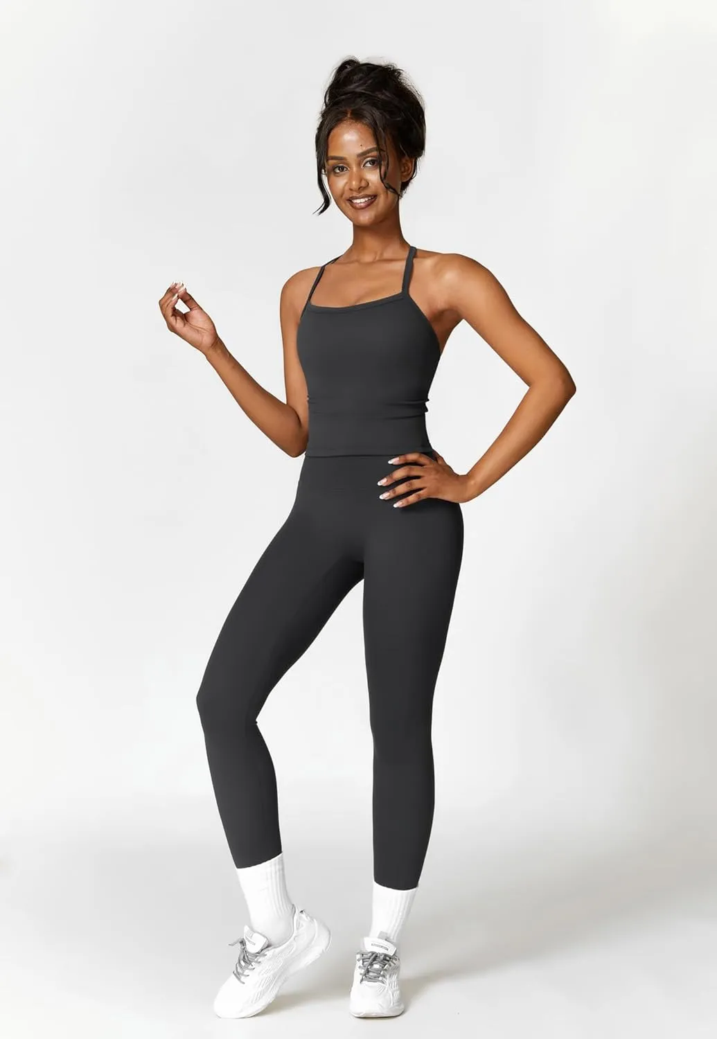 Womens Workout Sets Two Piece Cross Back Tank Top Matching High Waist Leggings Sets Gym Outfits Work Out Clothes
