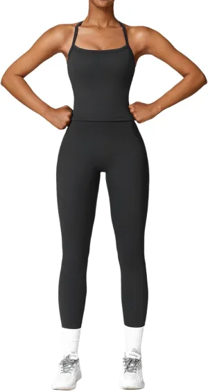 Womens Workout Sets Two Piece Cross Back Tank Top Matching High Waist Leggings Sets Gym Outfits Work Out Clothes