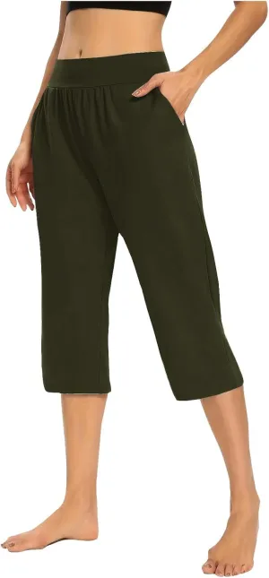 Women's Yoga Capris Pants High Waist Leggings Athletic Exercise Workout Crop Capri Straight Leg Pants with Pockets