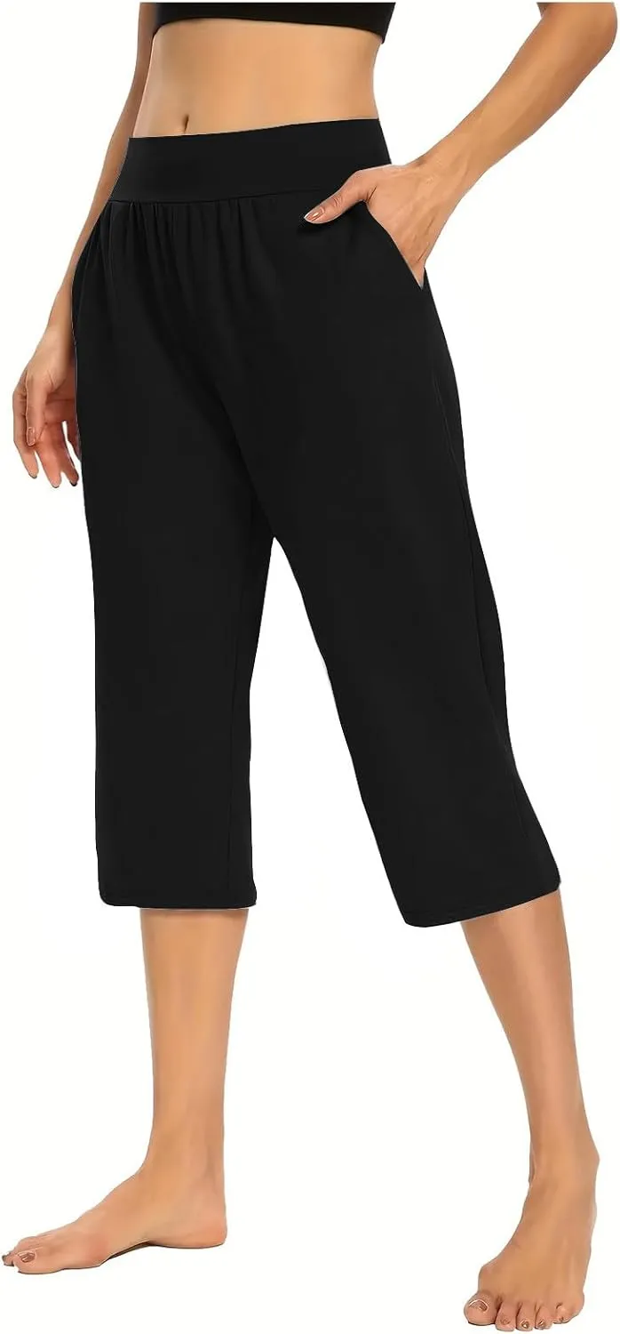 Women's Yoga Capris Pants High Waist Leggings Athletic Exercise Workout Crop Capri Straight Leg Pants with Pockets