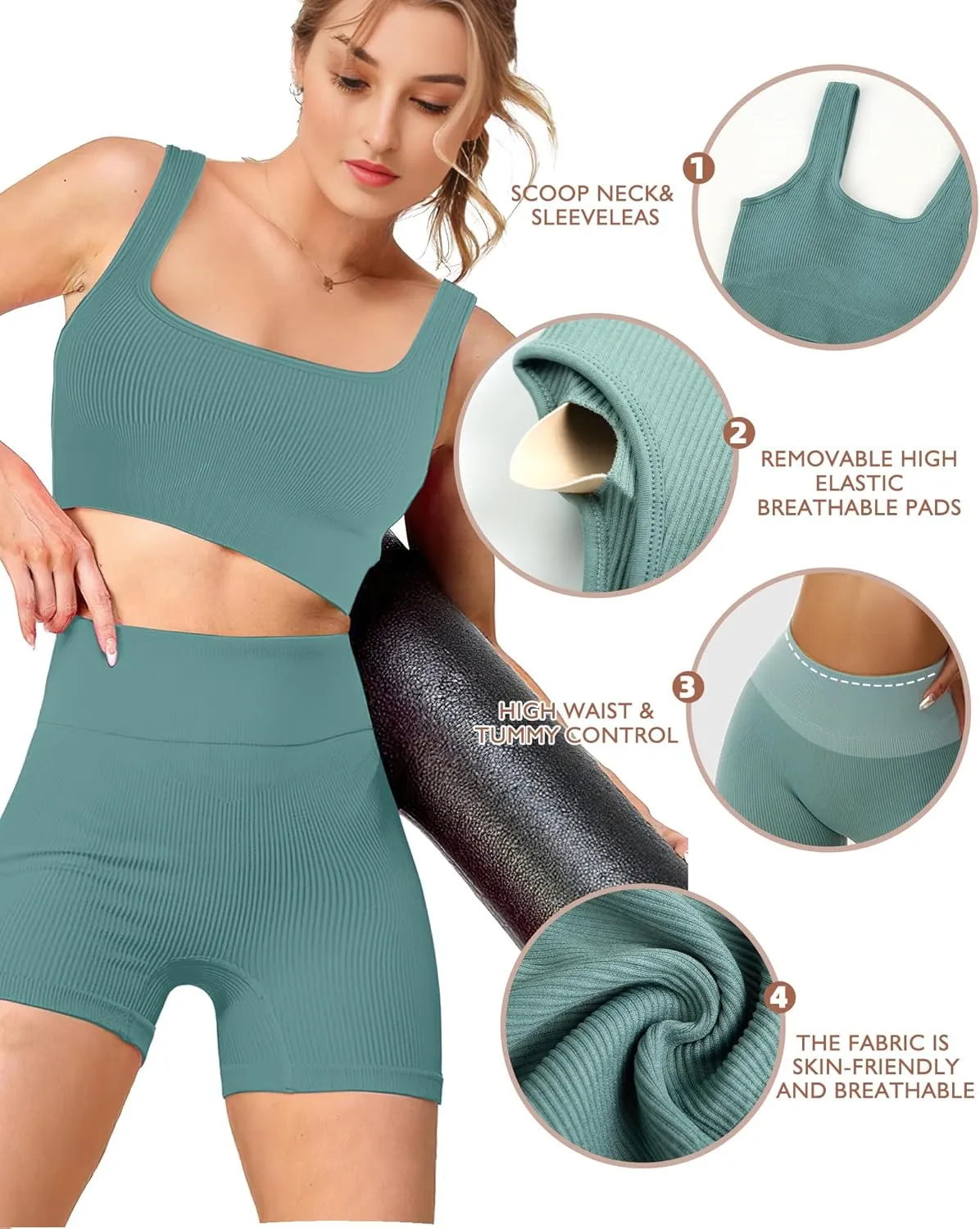 Workout Sets for Women Two Piece Sets for Women Summer Seamless Ribbed High Waist Leggings with Sports Bra Gym Sets