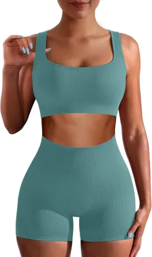 Workout Sets for Women Two Piece Sets for Women Summer Seamless Ribbed High Waist Leggings with Sports Bra Gym Sets