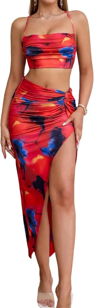 XinFSh Women's Two Piece Skirt Sets Summer Beach Sexy Asymmetrical High Slit Night Out Dress Sets