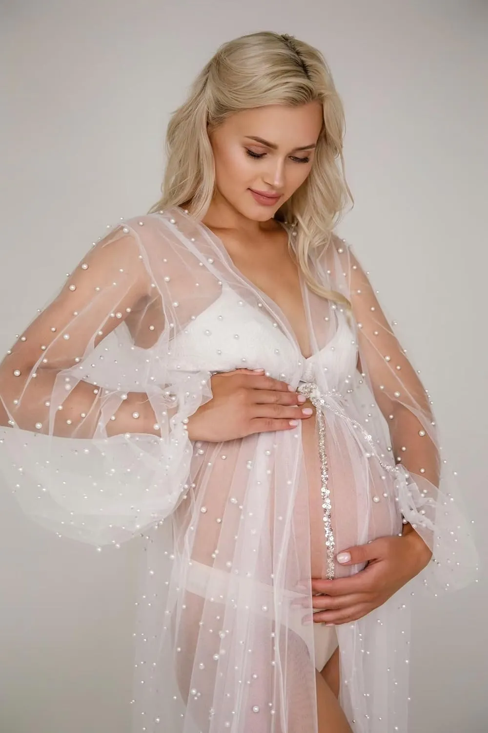 yinyyinhs Pearl Maternity Dress for Photoshoot Long Puffy Sleeves Tulle Robe for Women Bridal Lingerie BabyShower Dress