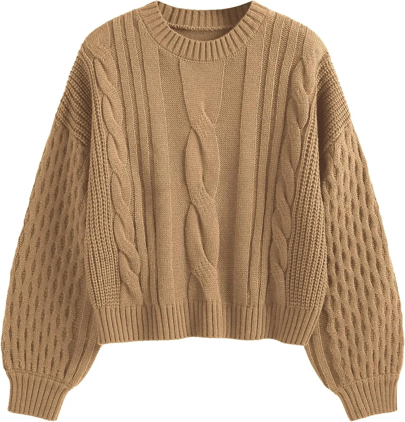 ZAFUL Women's Solid Knit Cable Sweater Casual Long Lantern Sleeve Pullover Crew Neck Knitted Tops