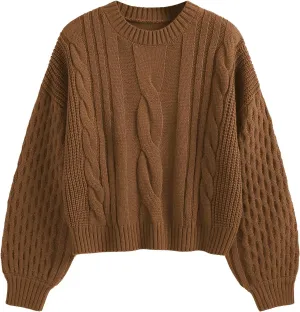 ZAFUL Women's Solid Knit Cable Sweater Casual Long Lantern Sleeve Pullover Crew Neck Knitted Tops