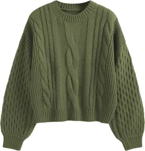 ZAFUL Women's Solid Knit Cable Sweater Casual Long Lantern Sleeve Pullover Crew Neck Knitted Tops