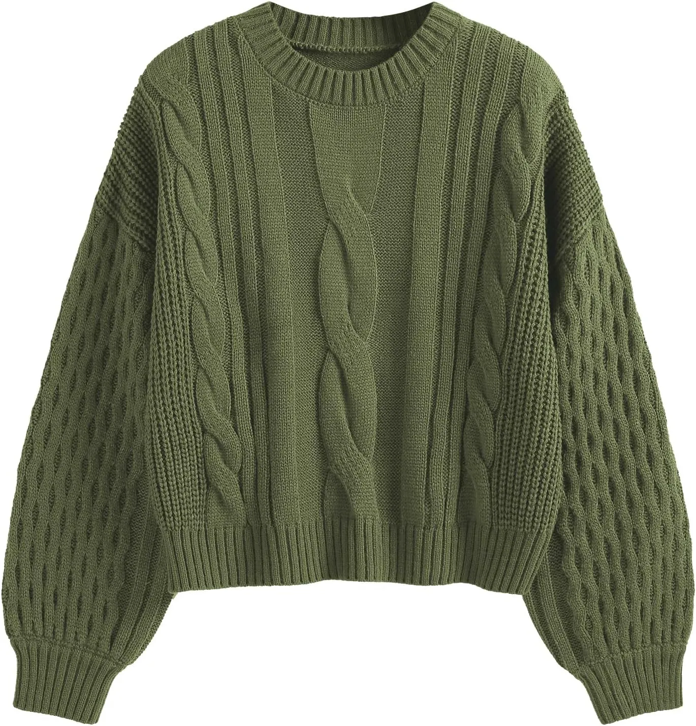 ZAFUL Women's Solid Knit Cable Sweater Casual Long Lantern Sleeve Pullover Crew Neck Knitted Tops