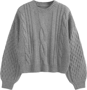 ZAFUL Women's Solid Knit Cable Sweater Casual Long Lantern Sleeve Pullover Crew Neck Knitted Tops