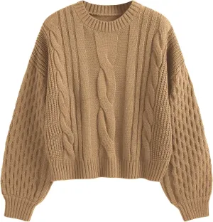 ZAFUL Women's Solid Knit Cable Sweater Casual Long Lantern Sleeve Pullover Crew Neck Knitted Tops
