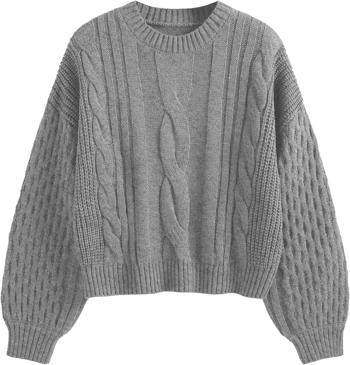 ZAFUL Women's Solid Knit Cable Sweater Casual Long Lantern Sleeve Pullover Crew Neck Knitted Tops