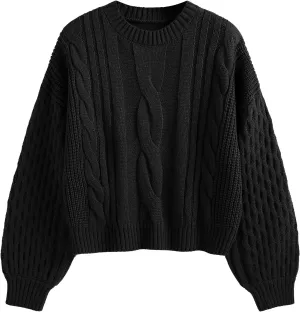 ZAFUL Women's Solid Knit Cable Sweater Casual Long Lantern Sleeve Pullover Crew Neck Knitted Tops