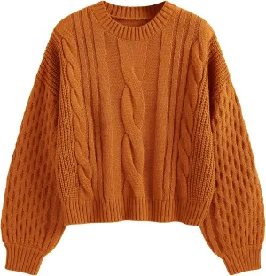 ZAFUL Women's Solid Knit Cable Sweater Casual Long Lantern Sleeve Pullover Crew Neck Knitted Tops