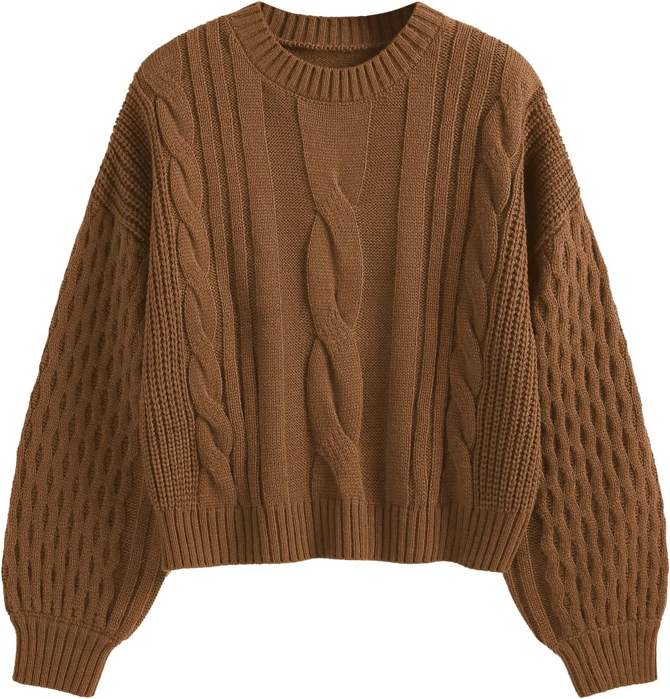 ZAFUL Women's Solid Knit Cable Sweater Casual Long Lantern Sleeve Pullover Crew Neck Knitted Tops