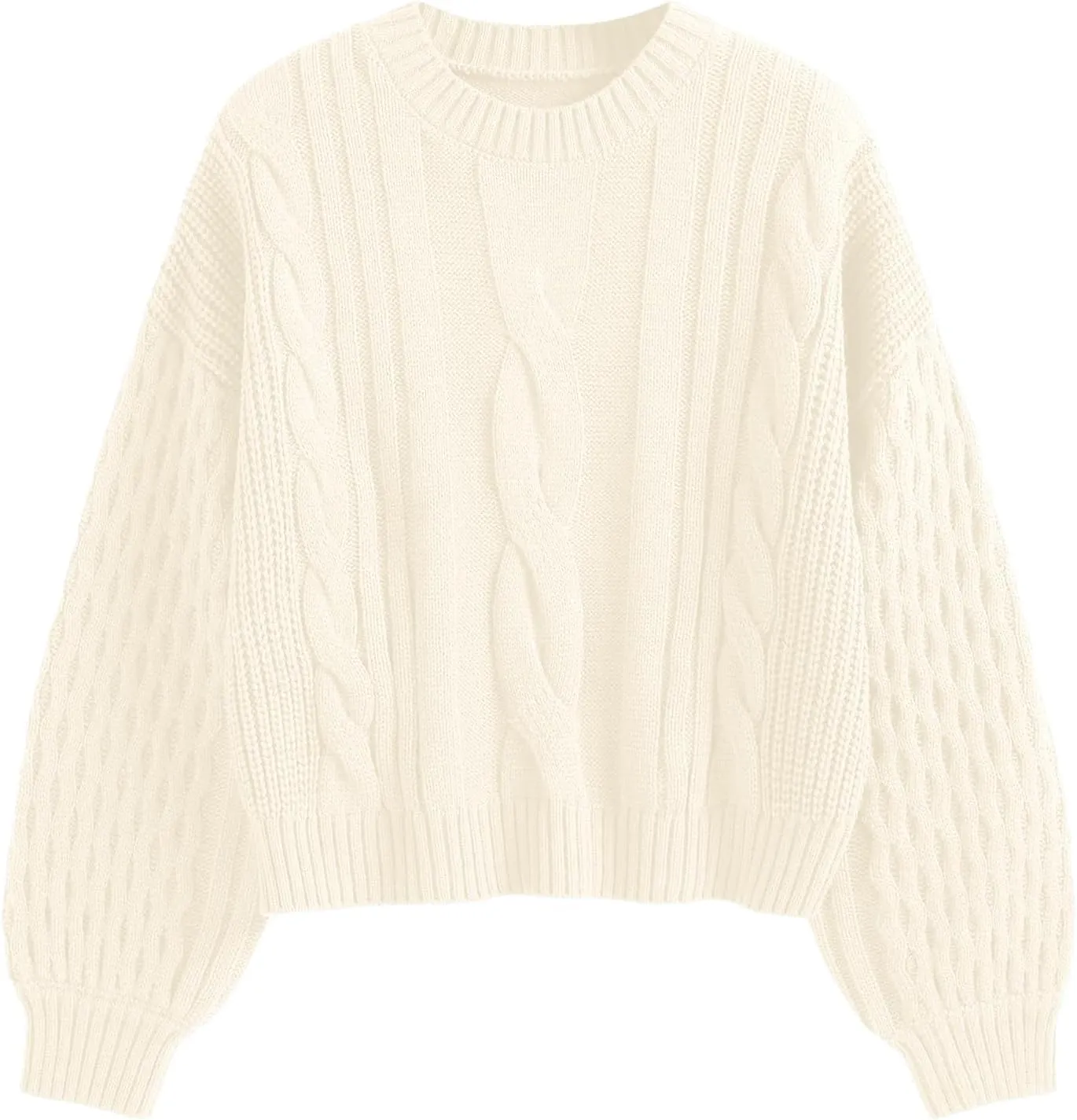 ZAFUL Women's Solid Knit Cable Sweater Casual Long Lantern Sleeve Pullover Crew Neck Knitted Tops